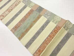 変わり横段に花唐草・華紋・花鳥模様織出し開き名古屋帯（額縁仕立て）